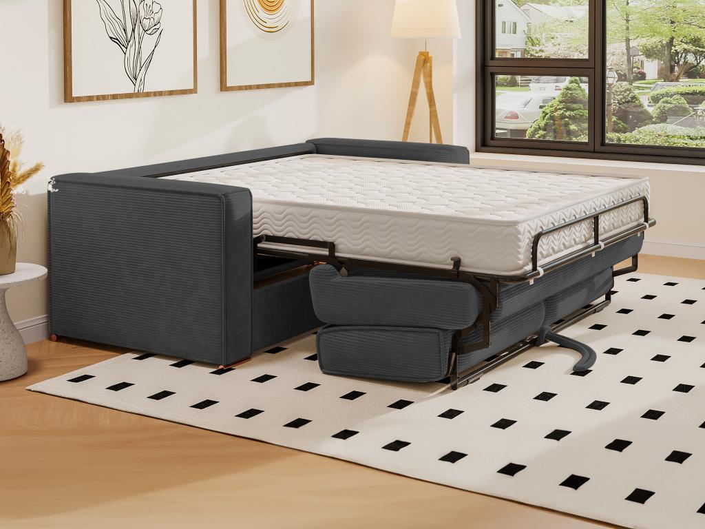 Canapé 4 places convertible express en velours côtelé gris anthracite - Couchage 160 cm - Matelas 22 cm Vertchez