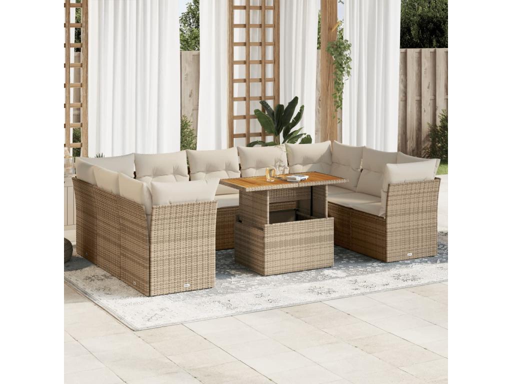 Salon de jardin avec coussins 10 pcs beige résine tressée