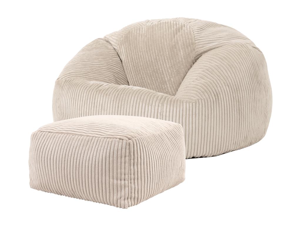Pouf classique et son repose-pied velours côtelé beige galet - Vertchez