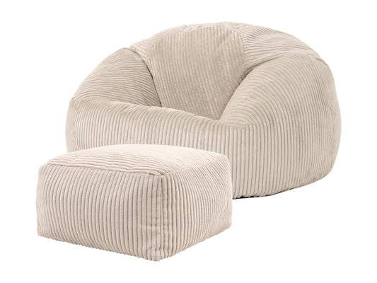 Pouf classique et son repose-pied velours côtelé beige galet - Vertchez