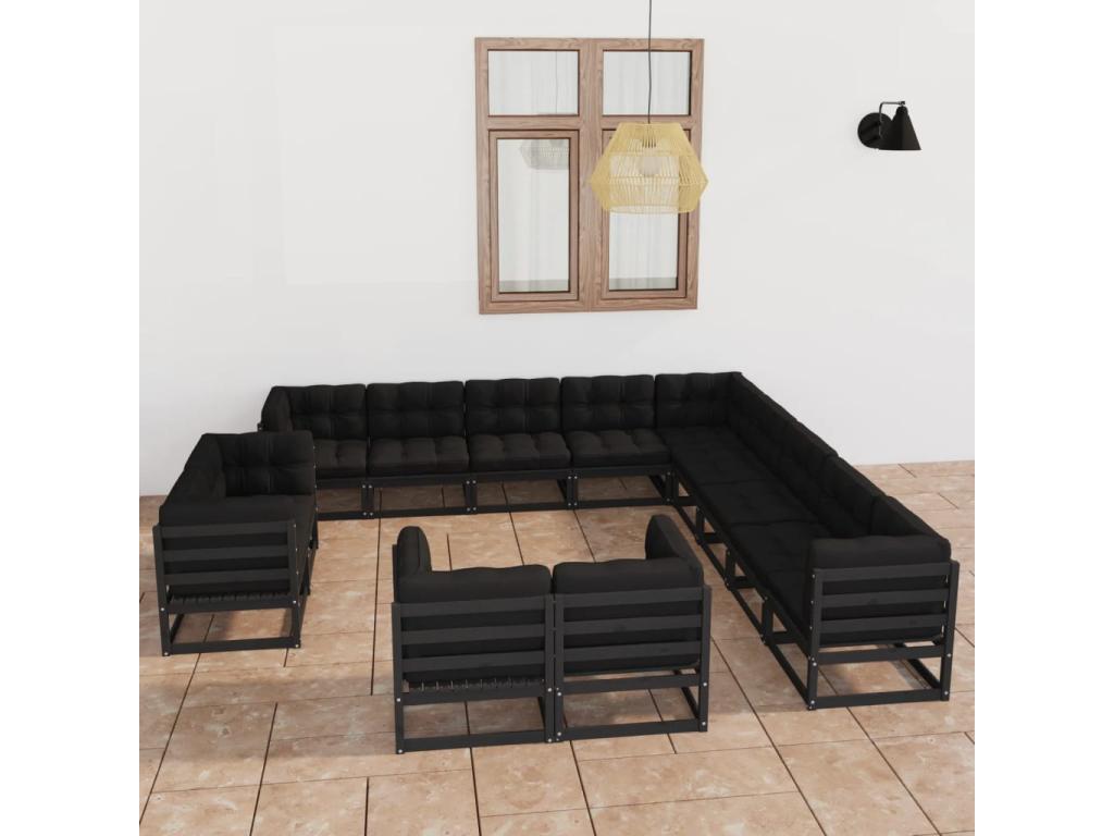Salon de jardin 13 pcs avec coussins noir bois de pin massif