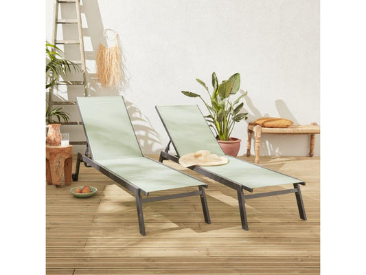 Lot de 2 bains de soleil Vertchez en aluminium gris anthracite et textilène vert de gris- transats multi positions avec Vertchez