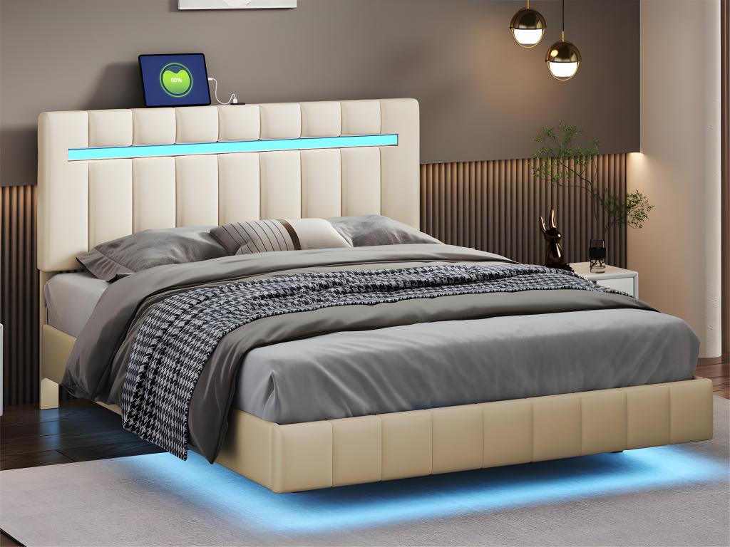 Lit rembourré en lin - 140x200cm - avec éclairage LED et Ports de charge USB - Beige