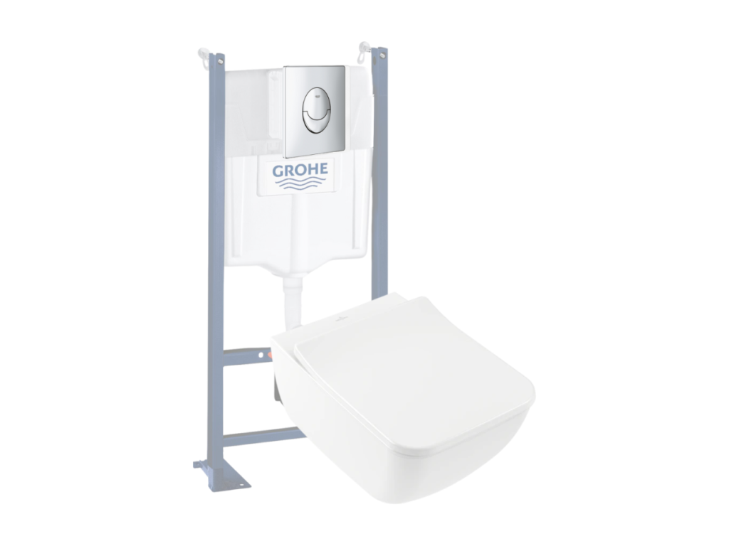 Pack WC suspendu sans bride Vertchez ET BOCH Venticello abattant plaque chromée bâti Grohe