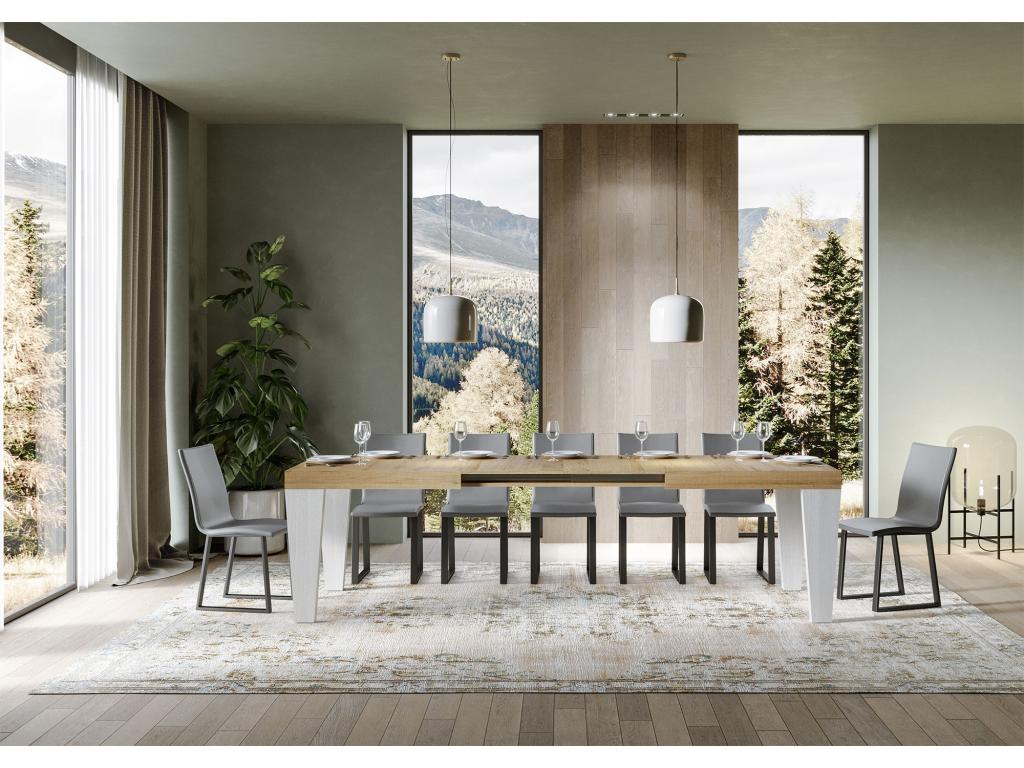 Table extensible chêne naturel et pieds bois blanc 6 à 20 places Vertchez 180 à 440cm-Support 4 pieds