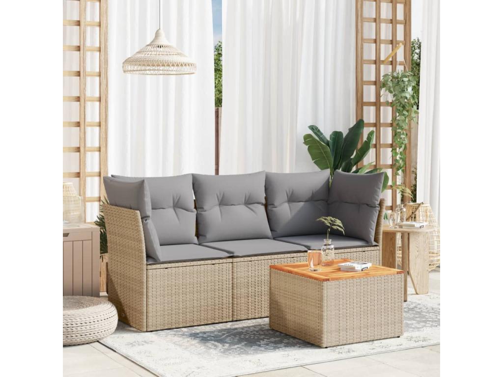 Salon de jardin avec coussins 4 pcs beige résine tressée