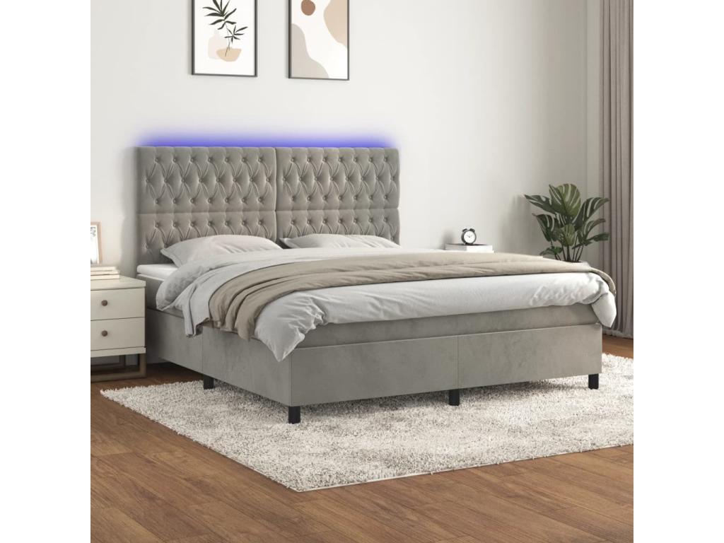 Sommier tapissier matelas et LED Gris clair 160x200 cm Velours