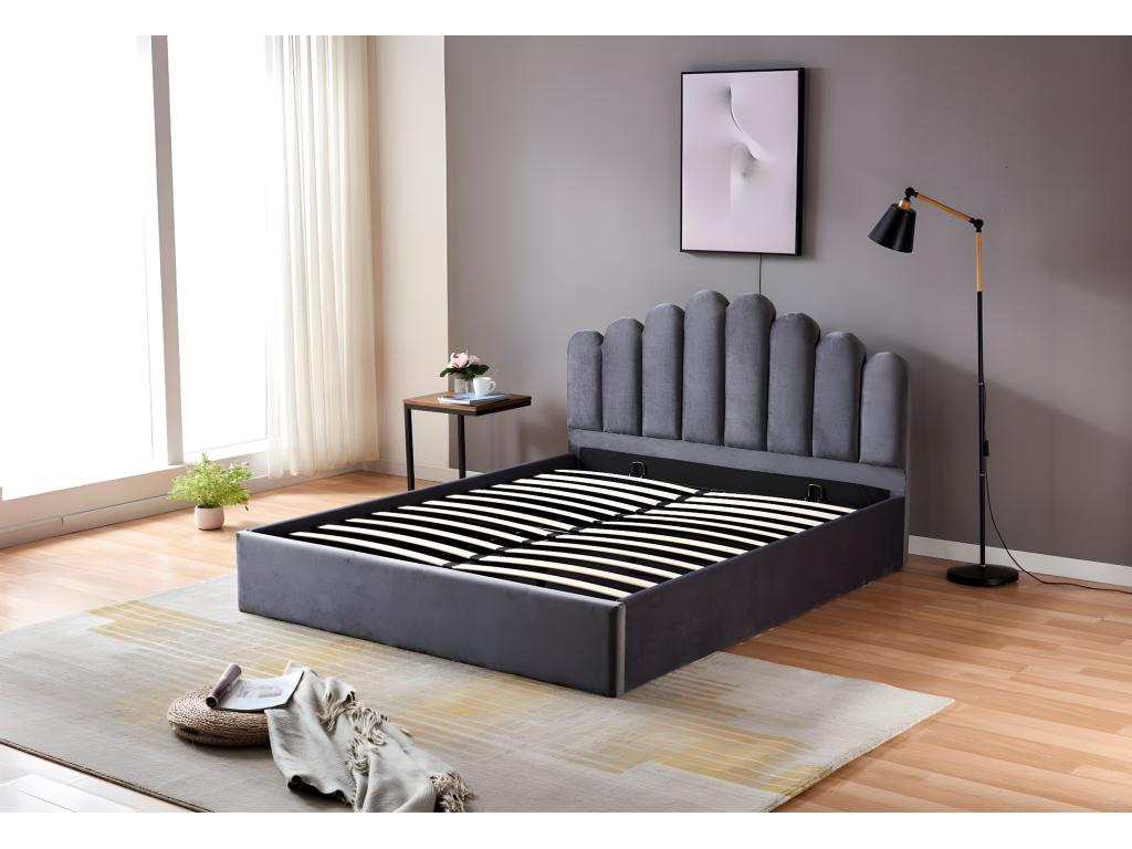 Lit coffre 2 places 140x190 cm Vertchez velours gris