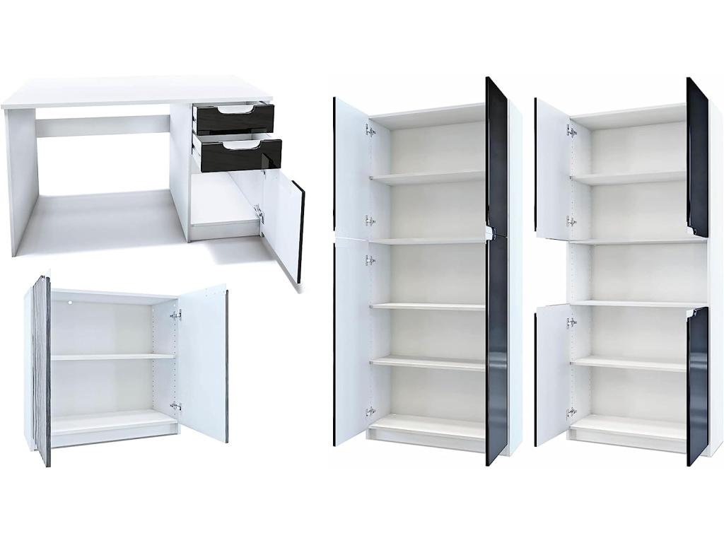 Ensemble de Meubles de Bureau Corps en Blanc Mat/Façades en Blanc Haute Brillance
